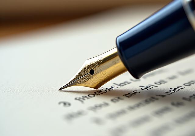 Close-up of a legal professional reviewing a fountain pen signed contract with golden accents