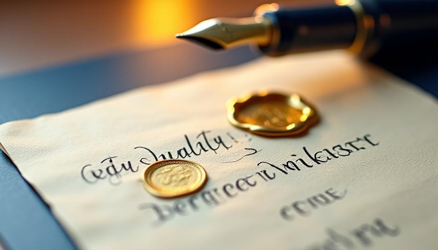 Close up of a legal document with a gold wax seal and fountain pen